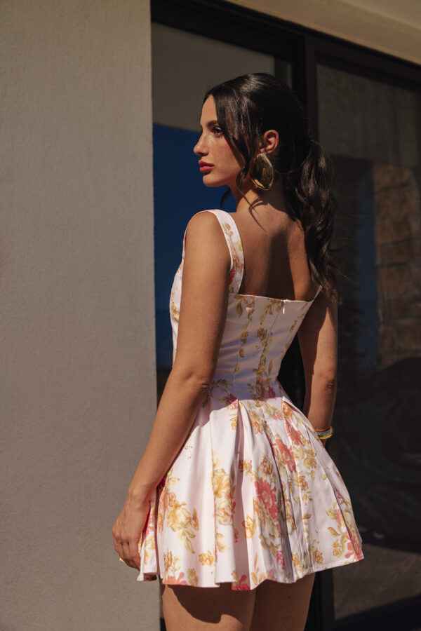 Mini Floral Dress With Wide Straps In A-Line With Tulle Inner Fabric - Image 4