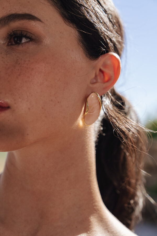 Oval Steel Earrings With Pink Stone - Image 2
