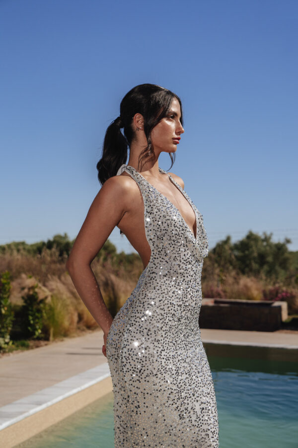 Maxi Dress With Open Back Decorated With Sequins And Inner Lining - Gray - Image 2