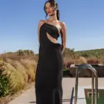 Maxi Lurex Dress With Bust Opening And Thin Strap On One Shoulder-Black - Image 2