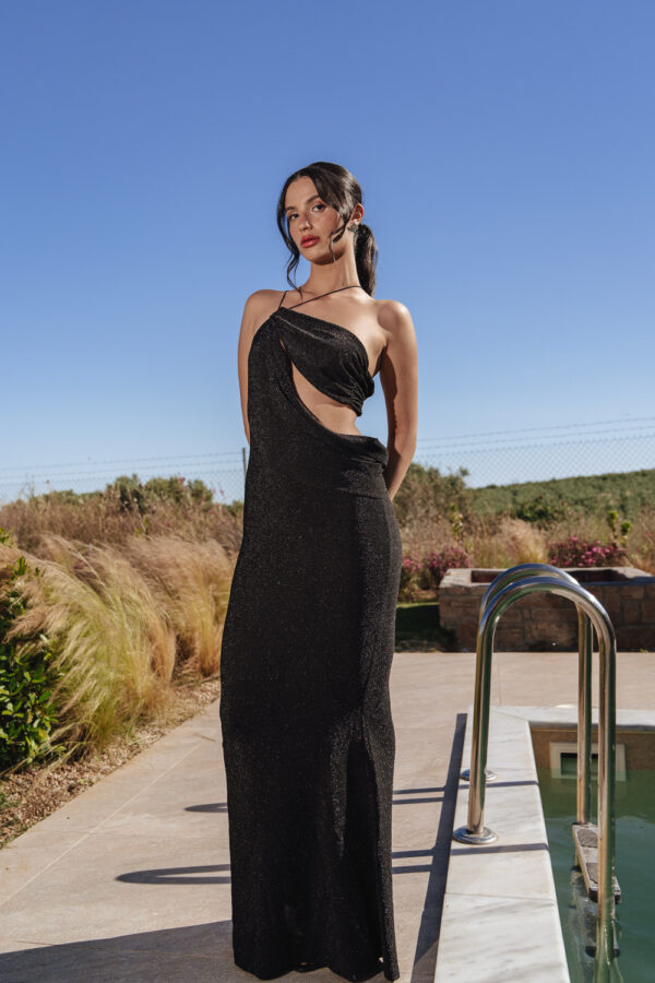 Maxi Lurex Dress With Bust Opening And Thin Strap On One Shoulder-Black - Image 2