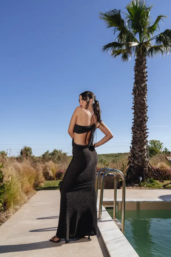 Maxi Lurex Dress With Bust Opening And Thin Strap On One Shoulder-Black - Image 5