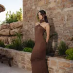 Maxi Sleeveless Dress With High Neck Decorated With Metallic Gold Detail - Image 3
