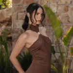 Maxi Sleeveless Dress With High Neck Decorated With Metallic Gold Detail - Image 5