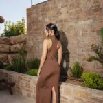 Maxi Sleeveless Dress With High Neck Decorated With Metallic Gold Detail - Image 6