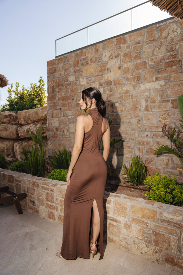 Maxi Sleeveless Dress With High Neck Decorated With Metallic Gold Detail - Image 6