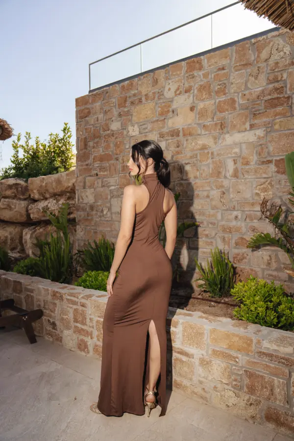 Maxi Sleeveless Dress With High Neck Decorated With Metallic Gold Detail - Image 6
