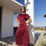 Midi Short-Sleeved Satin Texture Dress - Image 4