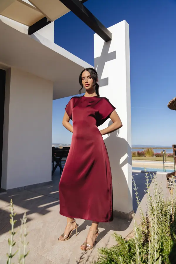 Midi Short-Sleeved Satin Texture Dress - Image 4