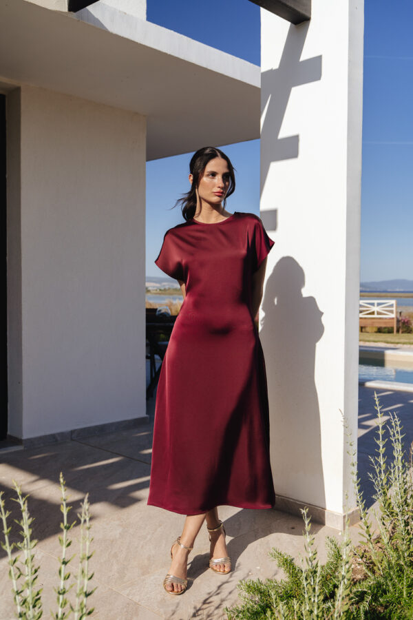 Midi Short-Sleeved Satin Texture Dress - Image 3