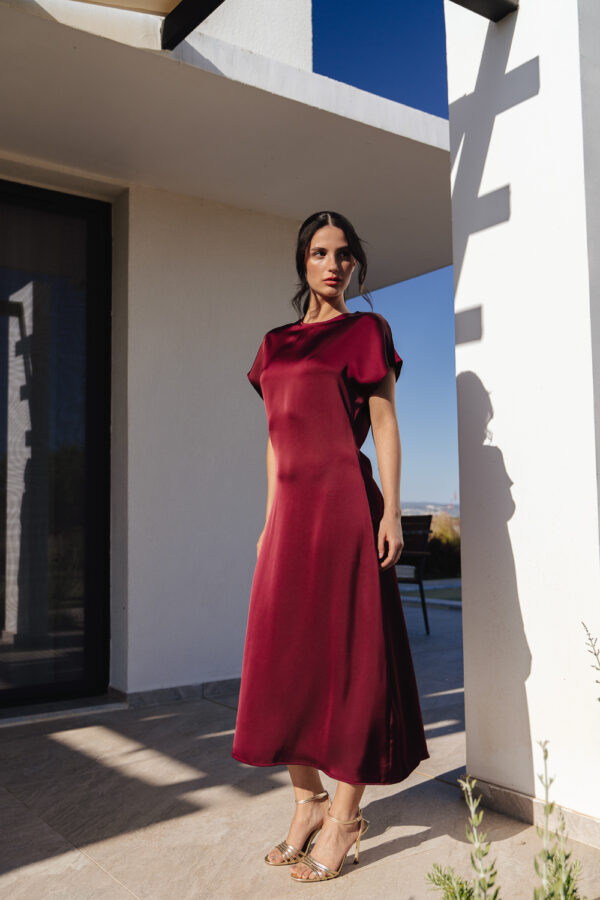 Midi Short-Sleeved Satin Texture Dress - Image 5