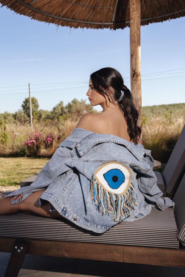 Denim Oversized Τζάκετ Διακοσμημένο Με Πλεκτό Μάτι Με Κρόσσια