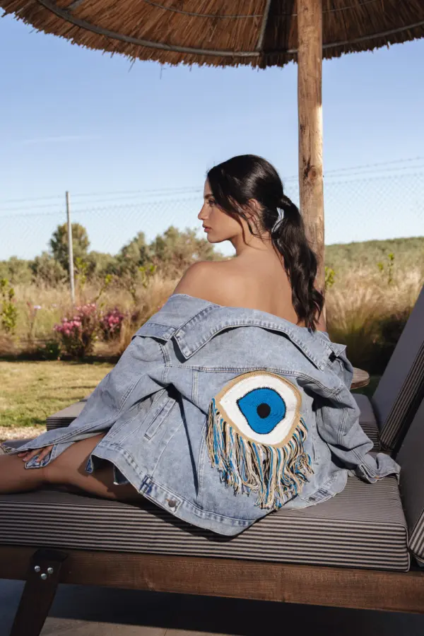 Denim Oversized Jacket Decorated With Knitted Eye With Fringes