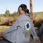 Denim Oversized Jacket Decorated With Knitted Eye With Fringes - Image 3