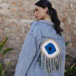Denim Oversized Jacket Decorated With Knitted Eye With Fringes - Image 2