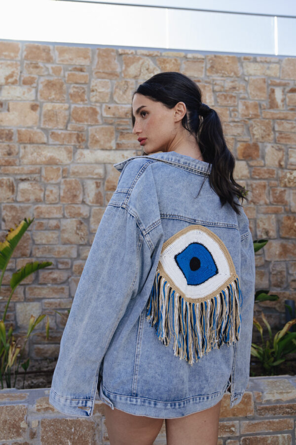 Denim Oversized Τζάκετ Διακοσμημένο Με Πλεκτό Μάτι Με Κρόσσια - Image 2