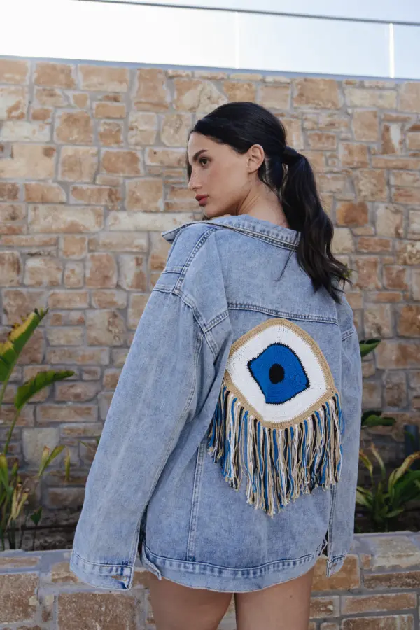 Denim Oversized Jacket Decorated With Knitted Eye With Fringes - Image 2