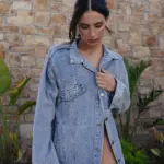 Denim Oversized Jacket Decorated With Knitted Eye With Fringes - Image 4