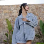Denim Oversized Jacket Decorated With Knitted Eye With Fringes - Image 5