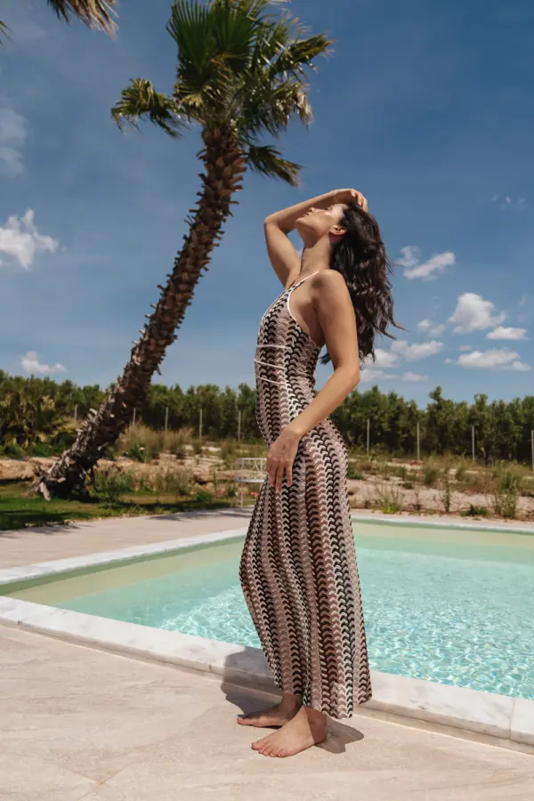 Maxi Colorful Crochet Perforated Dress With Open Back-Brown - Image 2