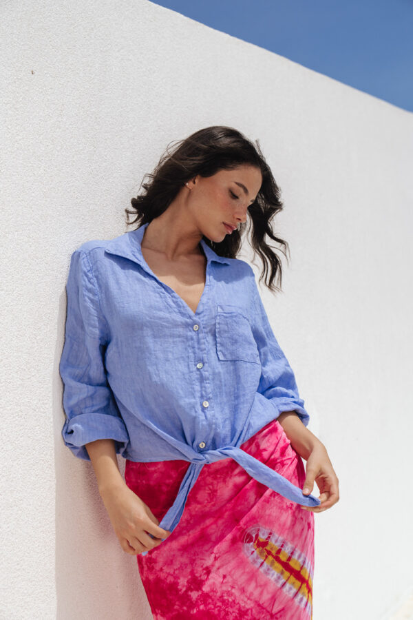 BAHAMA Crop Long-sleeved Linen Shirt- Light Blue - Image 2