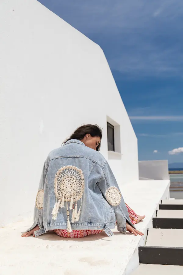 Denim Oversized Jacket Decorated With Knitted Dreamcatchers, Laces, Tassels And Shells