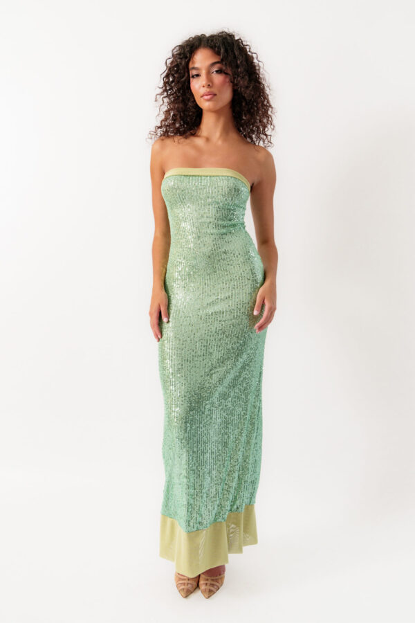Maxi Strapless Dress With Sequins And Detail On The Bust And Bottom