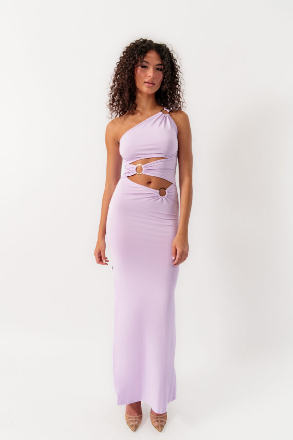 Maxi Dress With One Shoulder And Gold Hoops Details And Slit - Image 2