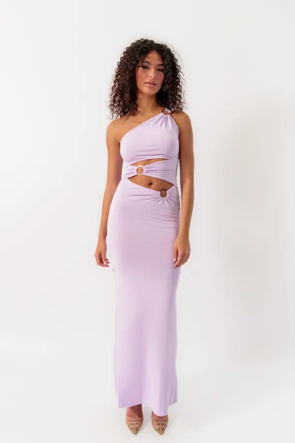 Maxi Dress With One Shoulder And Gold Hoops Details And Slit - Image 2