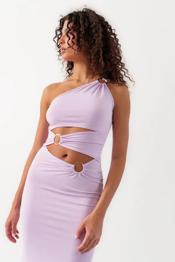 Maxi Dress With One Shoulder And Gold Hoops Details And Slit