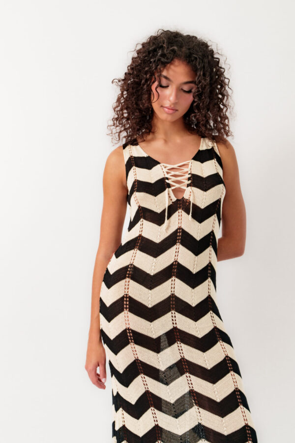 Sleeveless Perforated Two-tone Dress With Laces At The Chest
