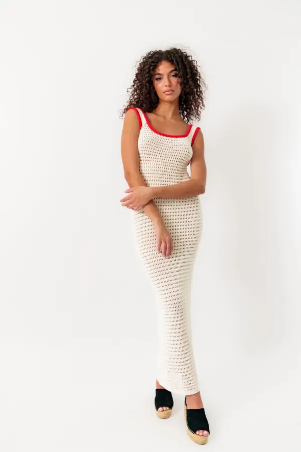 Maxi Knitted Perforated Dress With Open Back And Red Detail - Image 2