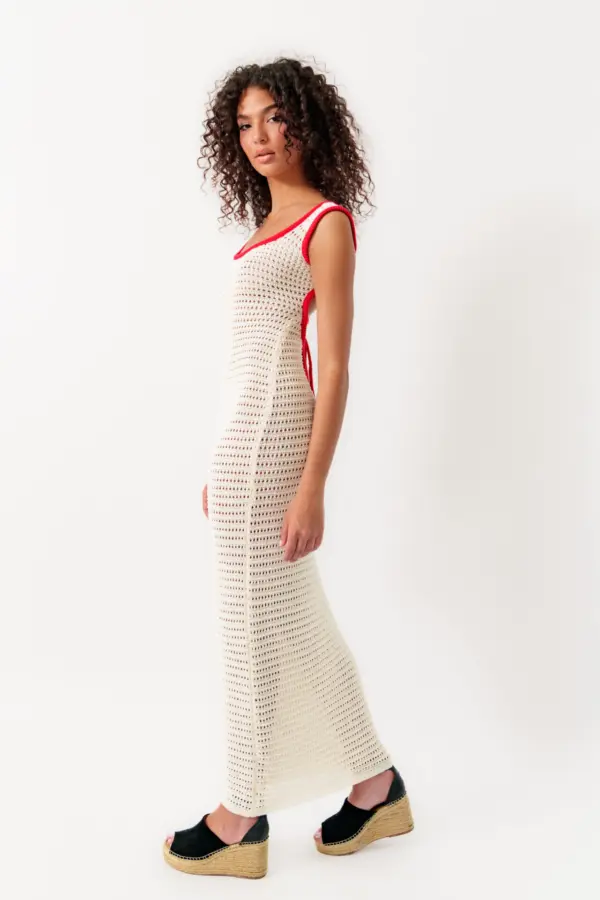 Maxi Knitted Perforated Dress With Open Back And Red Detail - Image 5