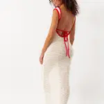 Maxi Knitted Perforated Dress With Open Back And Red Detail