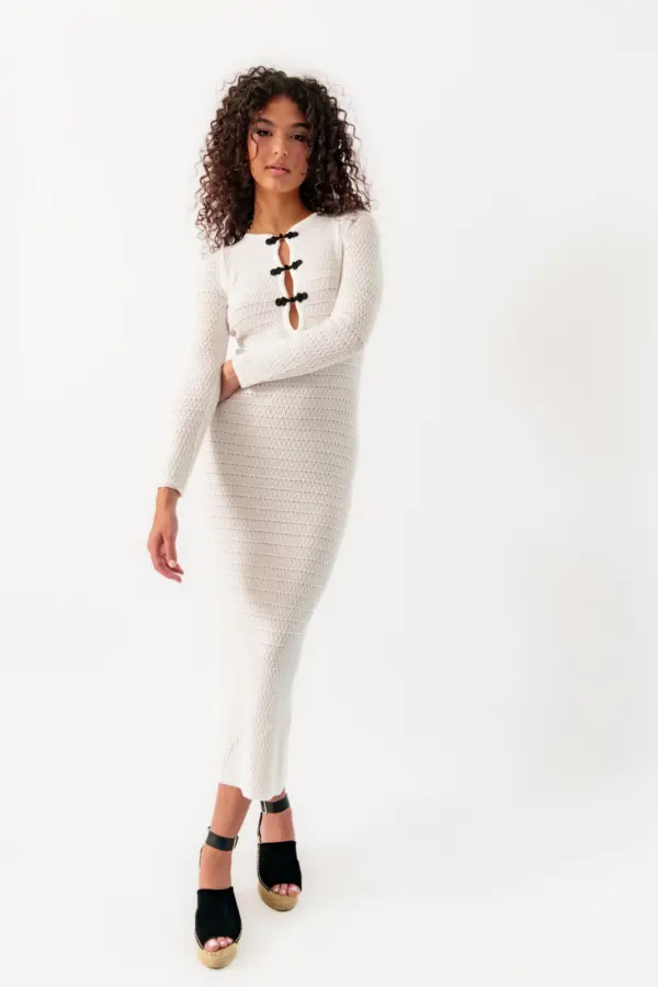 Maxi Long Sleeve Dress With Open Back And Black Details On The Bust- White - Image 2