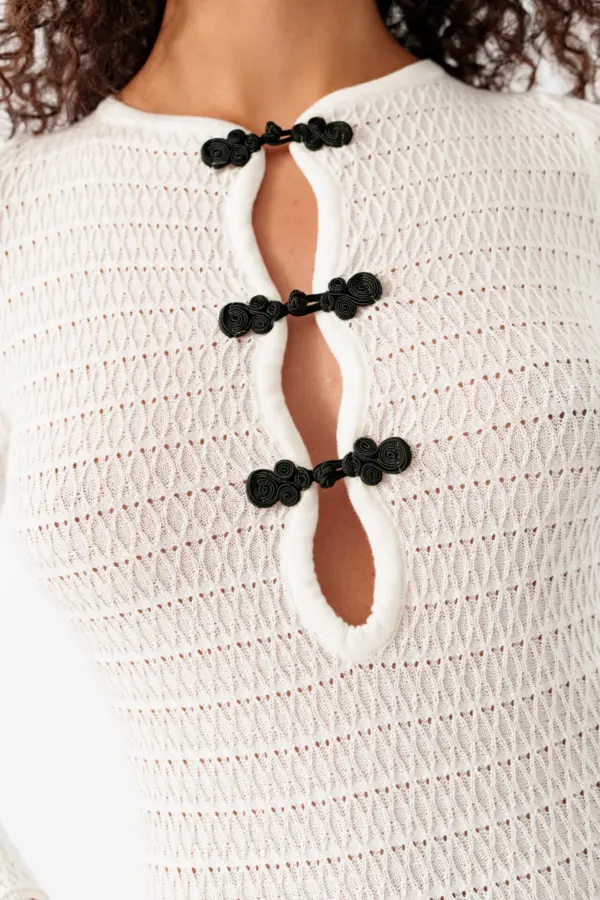 Maxi Long Sleeve Dress With Open Back And Black Details On The Bust- White - Image 3