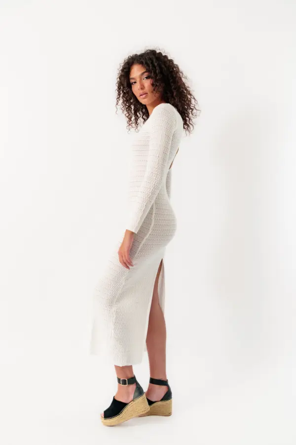 Maxi Long Sleeve Dress With Open Back And Black Details On The Bust- White - Image 4