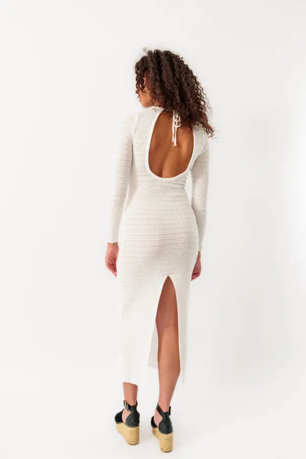 Maxi Long Sleeve Dress With Open Back And Black Details On The Bust- White - Image 5