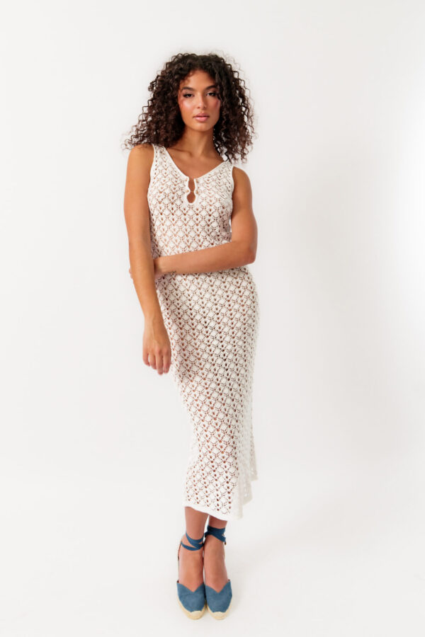 Maxi Sleeveless Perforated Knitted Dress With Metallic Details - Image 2