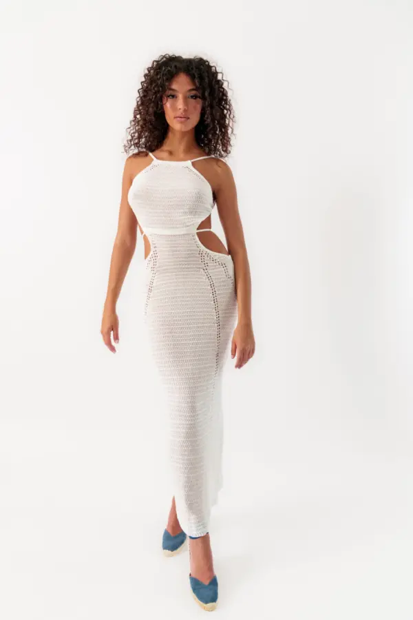Maxi Knitted Perforated Dress With Open Back And Openings - Image 2