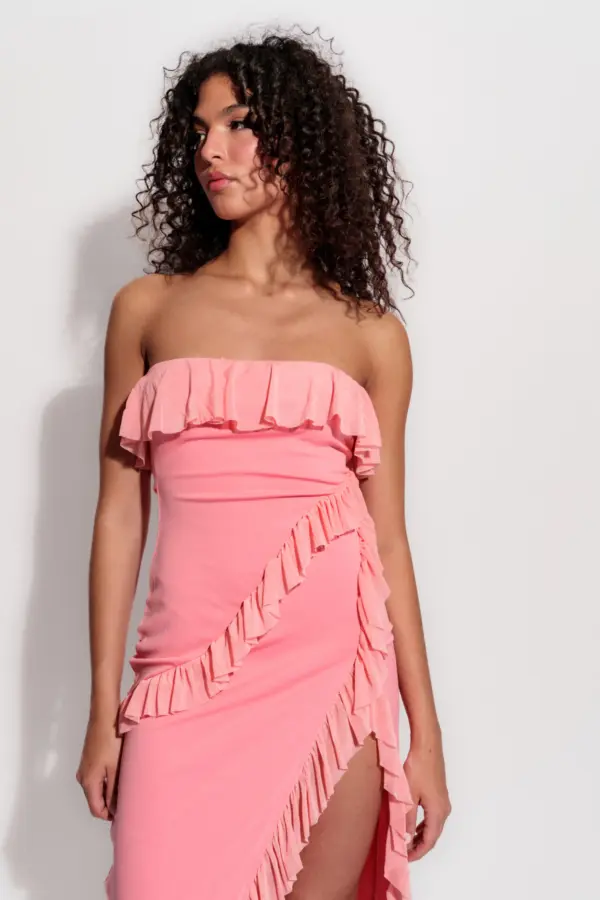 Maxi Strapless Dress With Ruffle And Slit Detail-Pink - Image 2