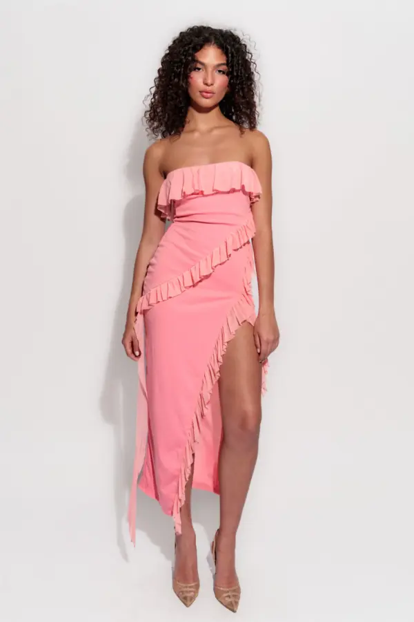 Maxi Strapless Dress With Ruffle And Slit Detail-Pink