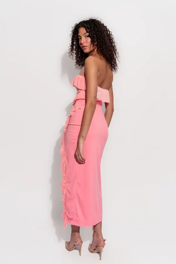 Maxi Strapless Dress With Ruffle And Slit Detail-Pink - Image 5