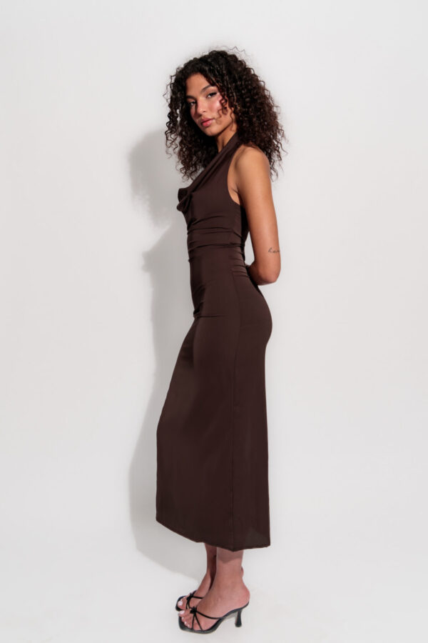 Midi Satin Dress Draped At The Bust With Open Back - Image 3