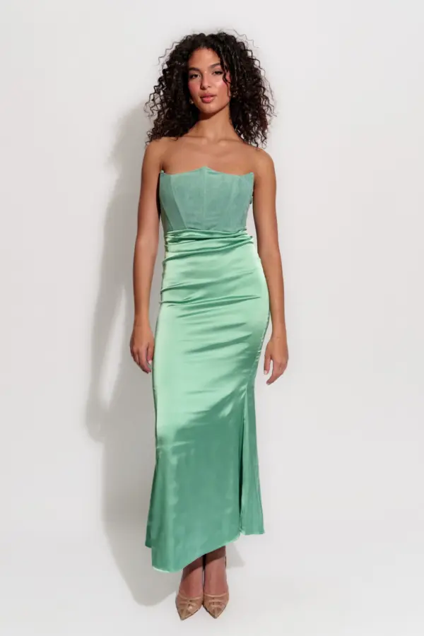 Maxi Strapless Dress With 2 Textures And Corset Effect