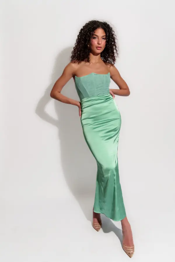 Maxi Strapless Dress With 2 Textures And Corset Effect - Image 2