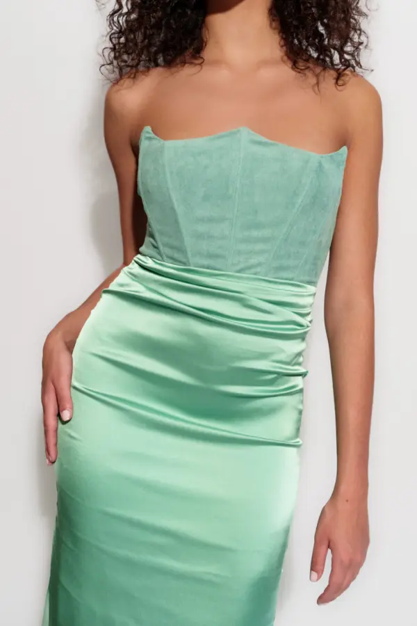 Maxi Strapless Dress With 2 Textures And Corset Effect - Image 3