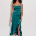 Maxi Satin Asymmetric Dress With Ruffles And Open Back With Laces