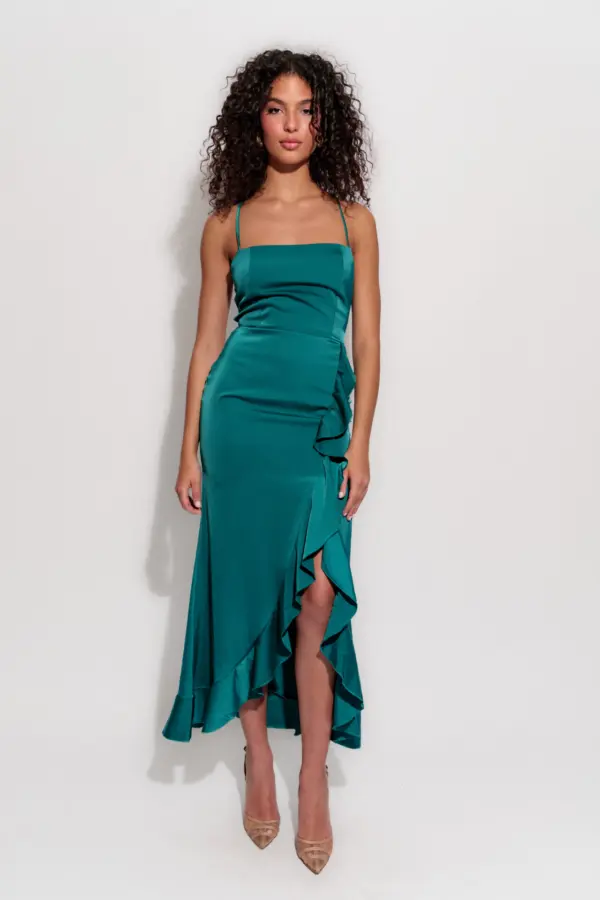 Maxi Satin Asymmetric Dress With Ruffles And Open Back With Laces