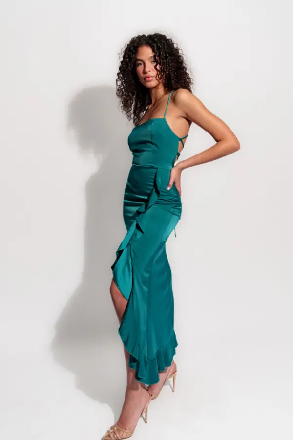Maxi Satin Asymmetric Dress With Ruffles And Open Back With Laces - Image 2